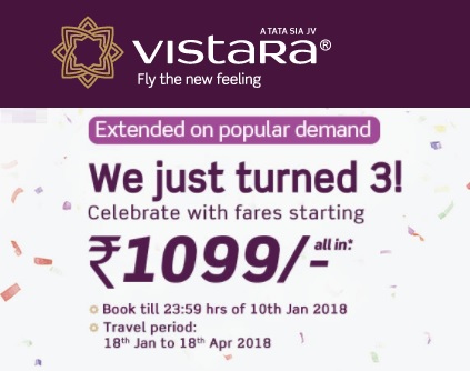 India Desire : Vistara Anniversary Sale : Flight Fare Starting At Rs 1099 [Till 10th Jan 2018]